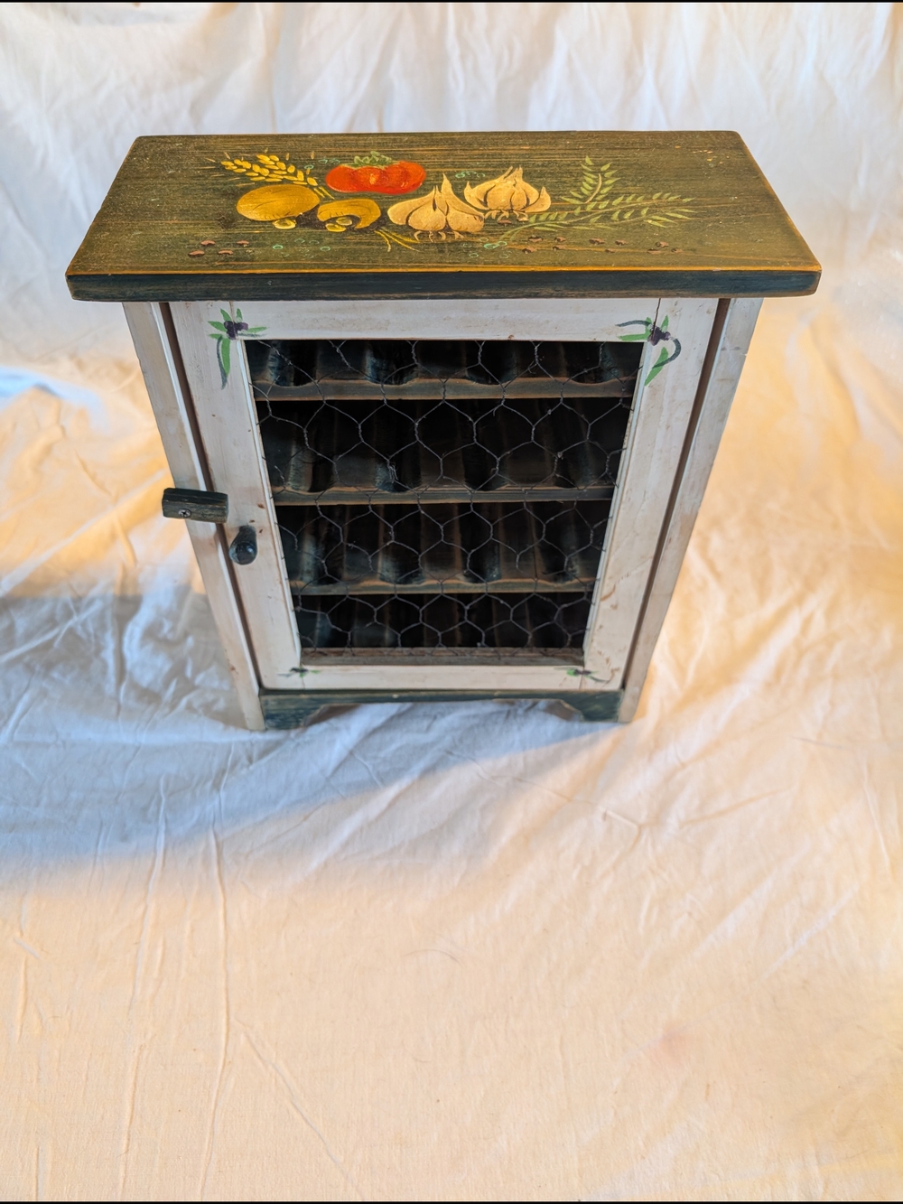 2/60$ Vintage Green and Cream Hand-Painted Wooden Spice Cabinet